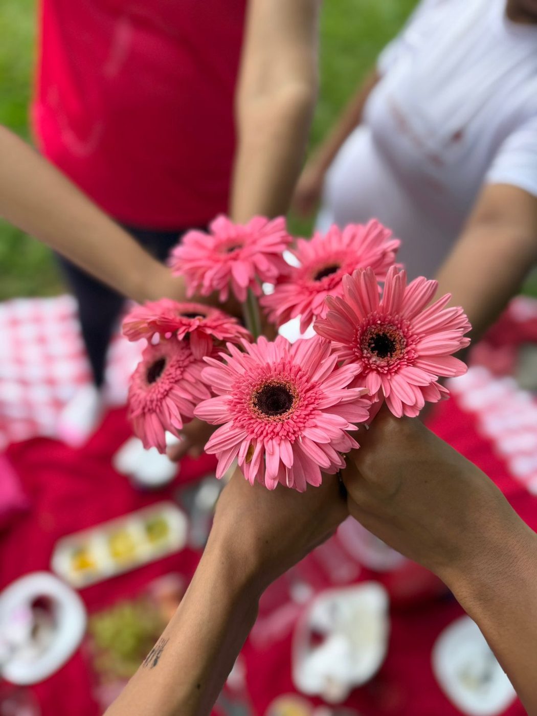 Mãos juntas segurando flores rosa